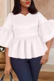 White Casual Solid Patchwork Flounce V Neck Tops