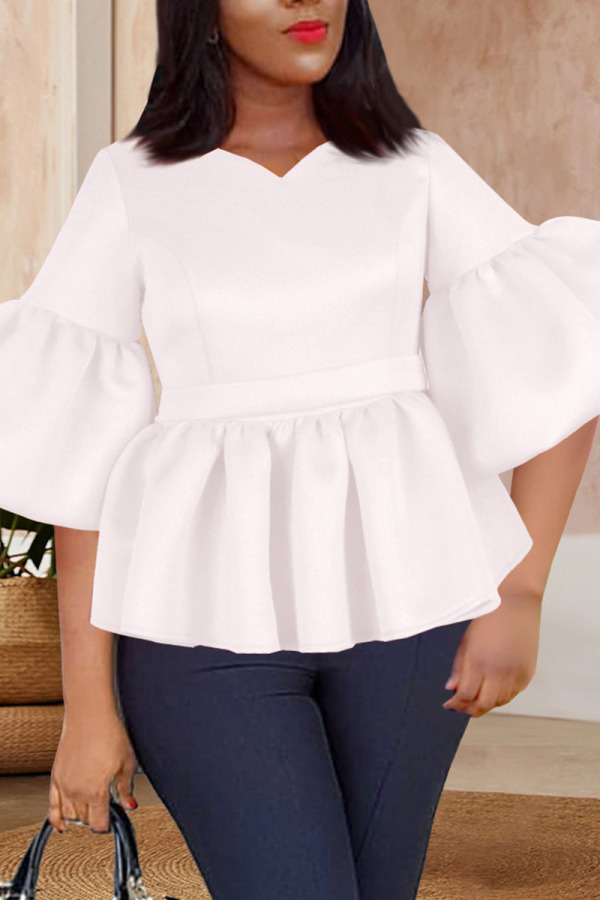 White Casual Solid Patchwork Flounce V Neck Tops
