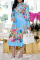 Sky Blue Casual Print Split Joint Turndown Collar Cake Skirt Dresses