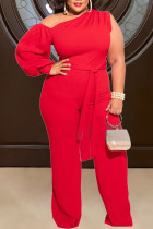 Red Sexy Solid Patchwork Oblique Collar Plus Size Jumpsuits