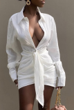 White Sexy Casual Solid Patchwork Turndown Collar Shirt Dress Dresses