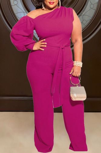 Rose Red Sexy Solid Patchwork Oblique Collar Plus Size Jumpsuits