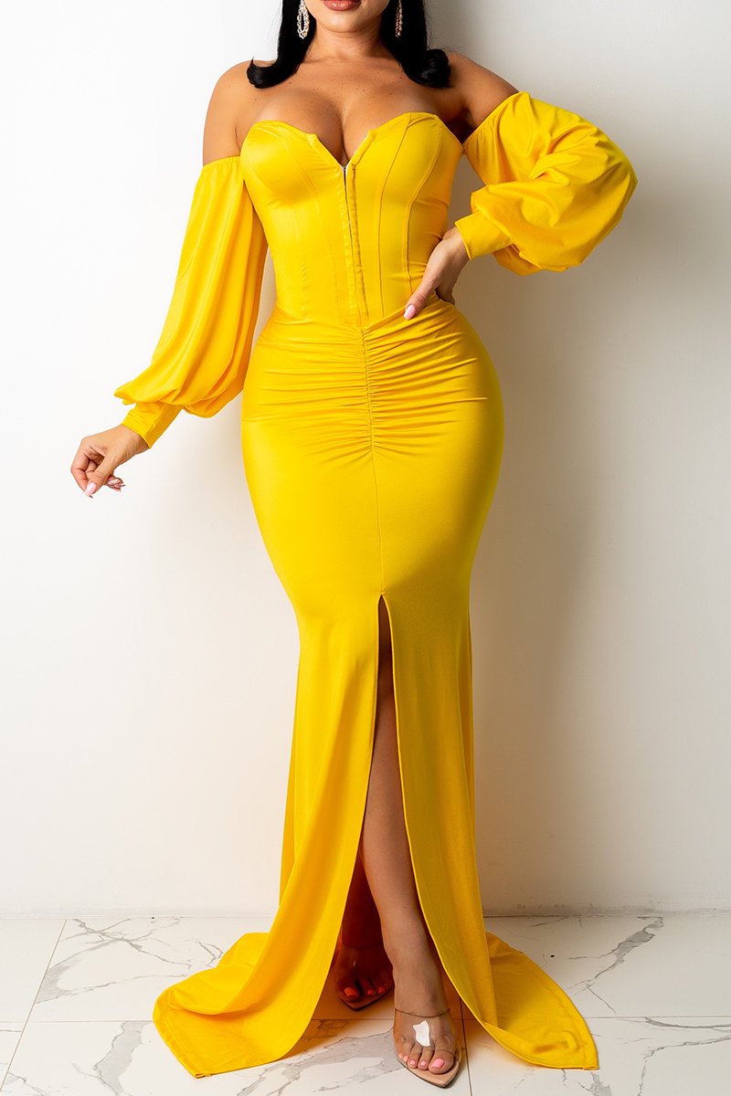 

Yellow Sexy Solid Patchwork Strapless Trumpet Mermaid Dresses