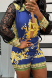 Black Sexy Print Mesh Turndown Collar Long Sleeve Two Pieces