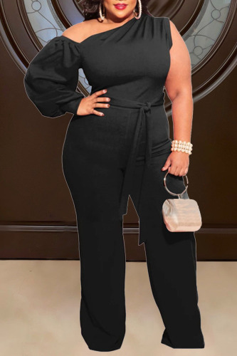 Black Sexy Solid Patchwork Oblique Collar Plus Size Jumpsuits
