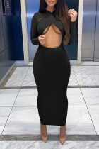 Black Sexy Solid Hollowed Out Split Joint O Neck Pencil Skirt Dresses