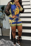 Black Sexy Print Mesh Turndown Collar Long Sleeve Two Pieces
