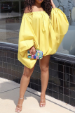 Yellow Casual Solid Patchwork One Shoulder Lantern Skirt Dresses