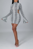 Grey Sexy Print Hollowed Out Half A Turtleneck Pencil Skirt Dresses