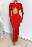 Red Sexy Solid Hollowed Out Patchwork O Neck Pencil Skirt Dresses