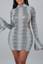 Grey Sexy Print Hollowed Out Half A Turtleneck Pencil Skirt Dresses