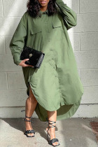 Green Casual Solid Split Joint Buckle Turndown Collar Shirt Dress Dresses