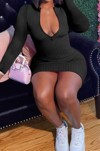 Black Sexy Solid Patchwork Zipper Collar Pencil Skirt Dresses