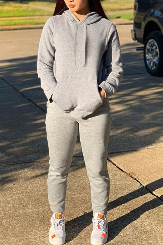 Grey Casual Solid Patchwork Hooded Collar Long Sleeve Two Pieces