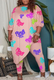 Pink Casual Print Split Joint Asymmetrical Off the Shoulder Plus Size Two Pieces