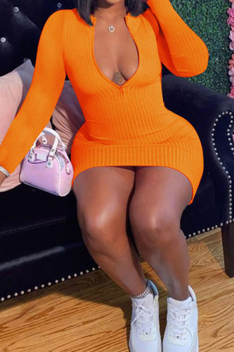 Tangerine Red Sexy Solid Patchwork Zipper Collar Pencil Skirt Dresses