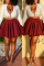 Wine Red Fashion adult Sexy ruffle Solid Two Piece Suits Patchwork Pleated skirt Long Sleeve