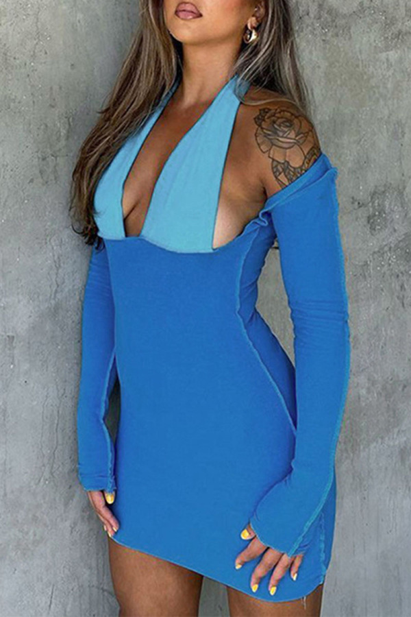 Blue Sexy Solid Hollowed Out Split Joint Halter Pencil Skirt Dresses