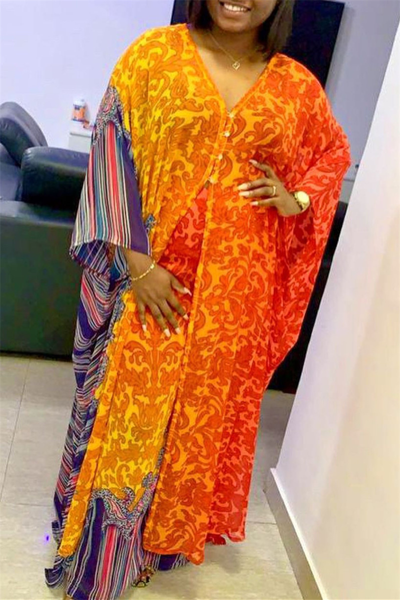 Casual Vintage Geometric Print Pocket Slit V Neck Long Sleeve Two Pieces