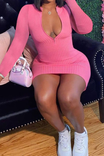 Pink Sexy Solid Patchwork Zipper Collar Pencil Skirt Dresses