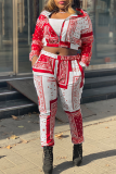 Red Casual Print Patchwork Turndown Collar Long Sleeve Two Pieces