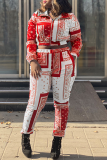 Red Casual Print Patchwork Turndown Collar Long Sleeve Two Pieces