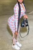 White Sexy Letter Print Patchwork Zipper Collar Skinny Jumpsuits