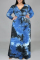 Blue Black Fashion Casual Tie Dye Printing V Neck Long Sleeve Plus Size Dresses