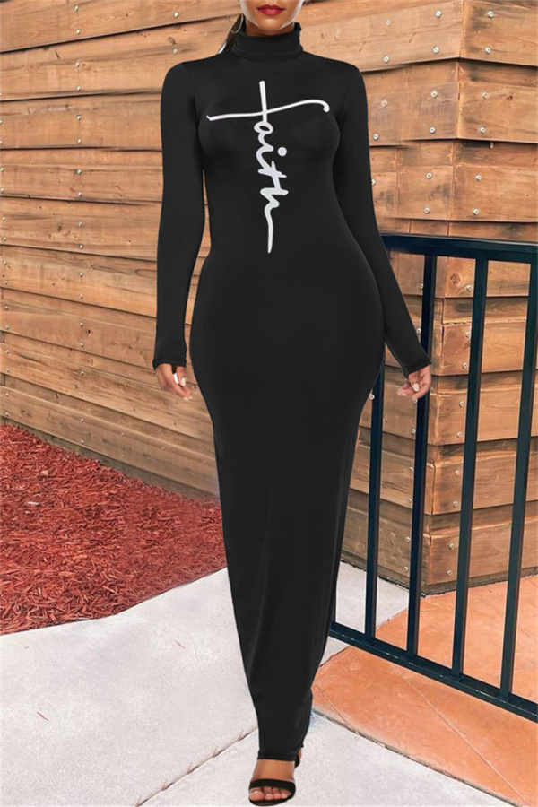 Black Fashion Casual Print Basic Turtleneck Long Sleeve Dresses