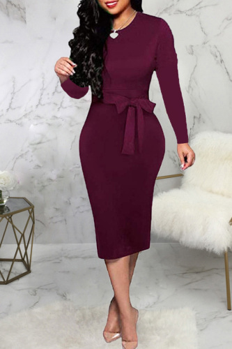 Burgundy Fashion Casual Solid Basic O Neck Long Sleeve Dresses