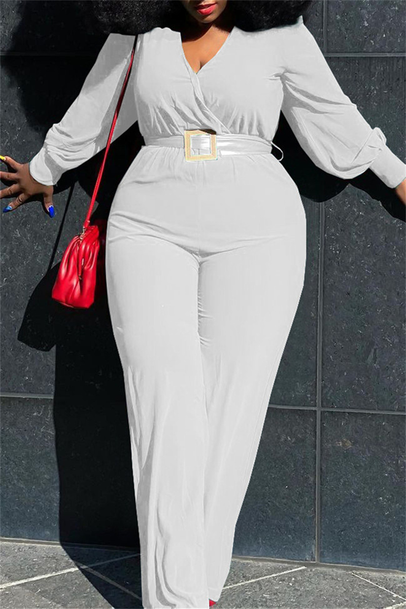White Fashion Casual Solid With Belt V Neck Plus Size Jumpsuits_PLUS ...