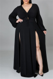 Black Fashion Casual Plus Size Solid Bandage Slit V Neck Long Sleeve Dresses