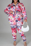 Pink Casual Print Patchwork Buckle Turndown Collar Plus Size Two Pieces