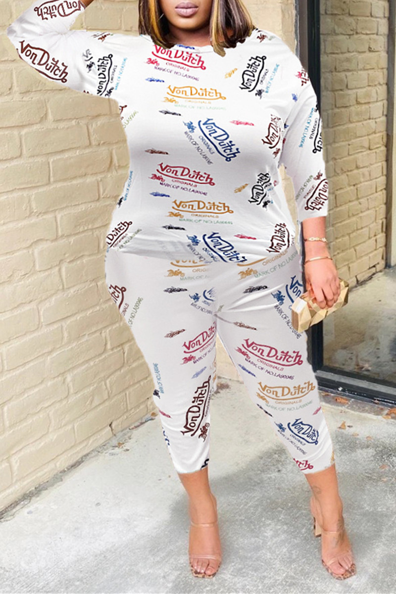 

White Fashion Casual Print Basic O Neck Plus Size Two Pieces
