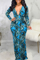 Blue Sexy Print Split Joint V Neck Long Sleeve Dresses