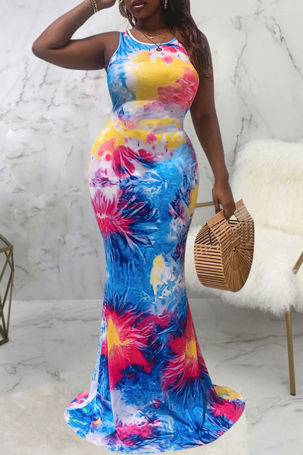 Multicolor Sexy Print Patchwork U Neck Vest Dress Dresses