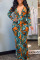 Blue Sexy Print Patchwork V Neck Long Sleeve Dresses