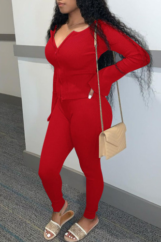 Red Casual Solid Patchwork Zipper Zipper Collar Long Sleeve Two Pieces