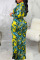 Blue Sexy Print Patchwork V Neck Long Sleeve Dresses