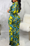 Yellow Sexy Print Patchwork V Neck Long Sleeve Dresses