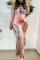 Orange Pink Casual Print Split Joint Flounce O Neck Long Sleeve Plus Size Dresses