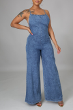 Blue Casual Solid Patchwork Spaghetti Strap Straight Jumpsuits