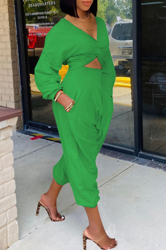 Green Casual Solid Patchwork Fold Asymmetrical V Neck Long Sleeve Two Pieces