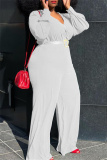 White Fashion Casual Solid With Belt V Neck Plus Size Jumpsuits