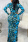 Blue Sexy Print Patchwork V Neck Long Sleeve Dresses