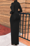 Black Fashion Casual Print Basic Turtleneck Long Sleeve Dresses