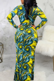 Yellow Sexy Print Patchwork V Neck Long Sleeve Dresses