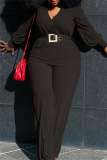 Black Fashion Casual Solid With Belt V Neck Plus Size Jumpsuits