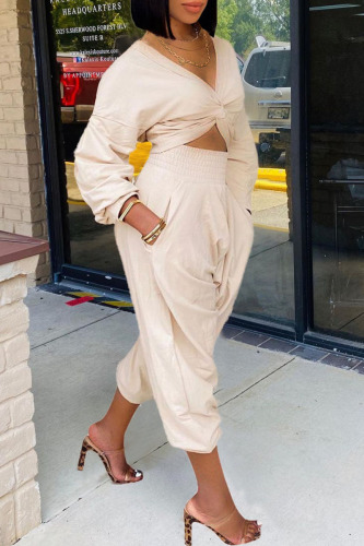 Cream White Casual Solid Patchwork Fold Asymmetrical V Neck Long Sleeve Two Pieces