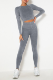 Grey Sportswear Solid Patchwork O Neck Long Sleeve Two Pieces